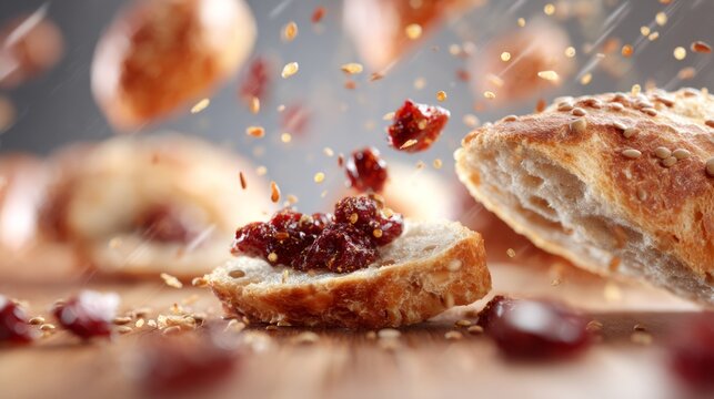 Pastry dessert with crumbs splashing motion food photography bakery lifestyle concept image