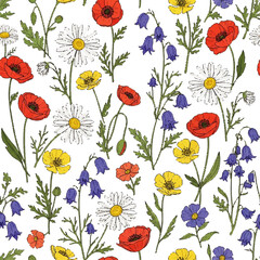Fototapeta premium Floral Symphony A Seamless Pattern of Meadow Flowers and Delicate Daisies