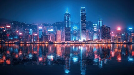 Obraz premium Nighttime City Skyline with Neon Lights and Water Reflections 