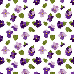 Obraz premium Delicate seamless pattern featuring charming purple violet blossoms and fresh green leaves gracefully scattered across a pristine white background, ideal for various design applications
