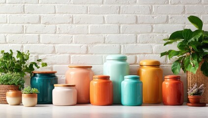 Colorful storage jars in front of a white brick wall, adorned with potted plants