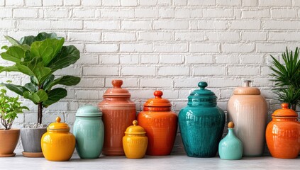 Colorful ceramic jars against a white brick wall