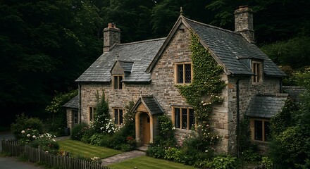 Fototapeta premium Sophisticated stone cottage beside forest, heritage property captured in soft natural light, refined and minimalist look