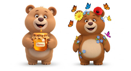 Naklejka premium Two Happy Cute Cartoon Bears, One Holding Honey and Other Adorned with Flowers and Butterflies, on Isolated transparent background
