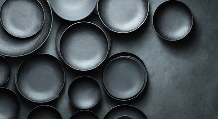 Dark grey, matte dinnerware arranged in overlapping circles
