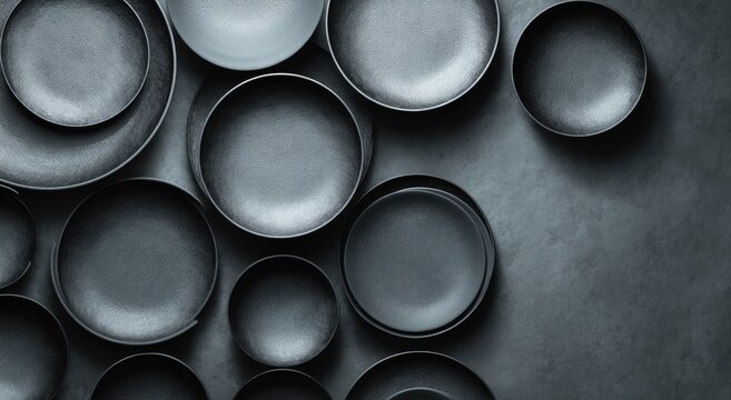 Dark grey, matte dinnerware arranged in overlapping circles