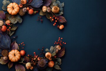 Autumnal wreath of leaves, fruits, and berries on dark backdrop