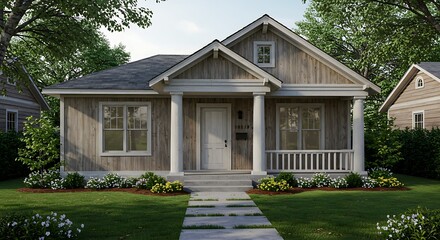 Rustic bungalow with elegant columns, investment property captured in soft natural light, refined and minimalist look