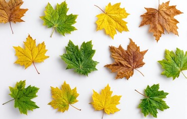 Autumn maple leaves arranged on white background.  Various shades of fall colors, including yellow, green, and brown.  Symmetrical pattern