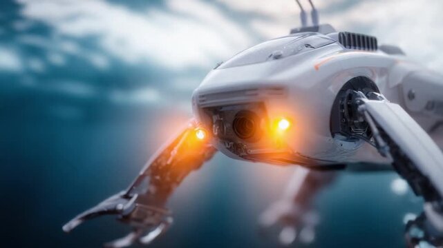 Futuristic Underwater Drone: A sleek, modern drone exploring the depths of the ocean, its bright lights piercing through the dimness of the water and the vastness of the sea. 