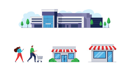 Modern retail center with diverse shoppers exploring various small shops and boutiques on a pleasant day