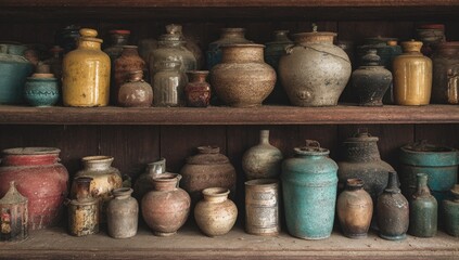 Antique pottery jars and bottles on wooden shelves