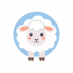 Cute cartoon sheep with fluffy wool and blushing cheeks inside a blue circle