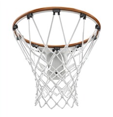 Close-up of a basketball hoop and net.  White net and wooden rim.  Isolated on white background