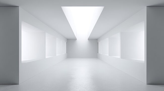 Empty, bright white hallway with recessed display areas