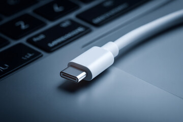 Fototapeta premium Minimalist tech image of USB-C connection with laptop on white background, product-focused shot.