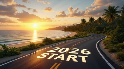 Winding Beach Road with words start 2026 of New Year on asphalt, lush green palms, vibrant sunset sky. Concept of serenity and new beginnings, start of New Year 2026.