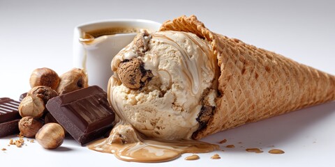 Creamy, nutty ice cream in a waffle cone, drizzled with coffee, surrounded by hazelnuts and chocolate