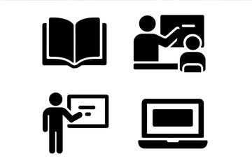 Tutoring and e-learning solid glyph icon set. Teacher with student, presentation, whiteboard, laptop and book symbols. Concept for education, online course, study, webinar.