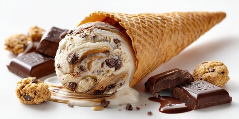 Chocolate chip cookie dough ice cream cone drizzled with melted chocolate