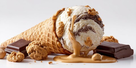 Creamy, decadent ice cream cone drizzled with caramel sauce, topped with chocolate chunks and biscotti