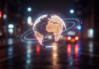 Illuminated Global Network Over Night Cityscape