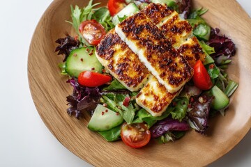 Grilled feta salad on a wooden plate