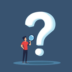 Businessman standing next to large question mark with magnifying glass and floating paper symbolizing problem solving analysis and investigation concept in flat minimalist vector s