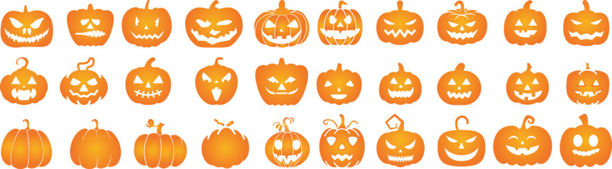 Halloween pumpkin icon set.Evil pumpkin symbol. Halloween decoration cartoon sign.Cute Creepy Spooky Halloween Pumpkin Fall Autumn Sticker Print Illustration.Halloween evil face vector illustration.