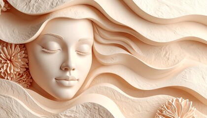Beige woman, sculpted face, flowing hair