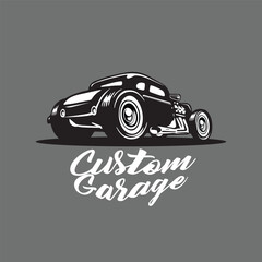 Retro-style logo illustration featuring a classic hot rod car in black and white tones. Perfect for custom garages, automotive communities, or vintage-themed branding designs. This vector image repres