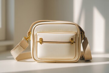 Cream-colored crossbody bag sits on a white surface, bathed in sunlight
