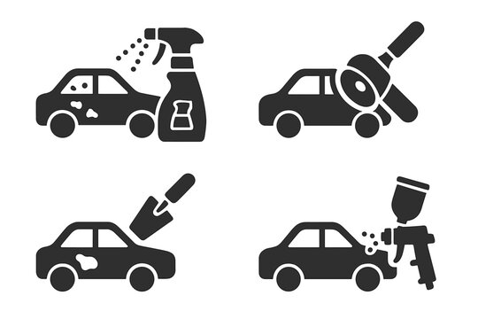 Car body repair glyph icons set. Vehicle restoration tasks. Rust remover spray, sanding machine, auto body filler putty, car primer paint gun. Automobile service pictograms.