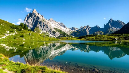 A tranquil alpine lake with a stunning mountain reflection under a clear blue sky