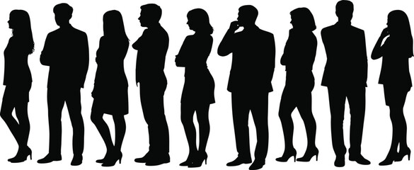 Silhouettes of diverse business people standing confidently, professionals in formal attire, teamwork, corporate leadership, business success, partnership, corporate culture