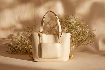 Cream-colored tote bag, soft lighting, delicate flowers