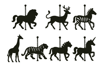 Fototapeta premium Carousel animals vector icon set. Vintage fairground merry-go-round silhouette collection with horse, lion, deer, zebra, giraffe, tiger, unicorn. Amusement park ride element.