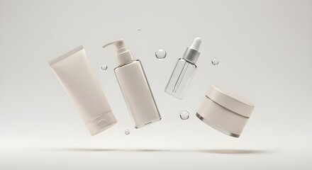 Elegant floating cosmetic product presentation include a tube, pump bottle, dropper, and jar, with water droplets around them set against a minimalistic gray background.
