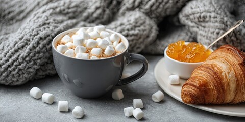Cozy autumnal breakfast scene with hot cocoa, marshmallows, jam, and croissant
