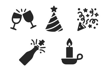 Celebration party icon set. Vector glyph symbols for birthday, new year. Wine toast, champagne bottle pop, party hat, confetti popper, and candlelight dinner concept.