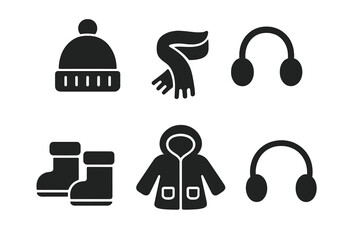 Winter kids clothes icon set. Solid glyph vector icons of children's warm clothing and gear. Beanie hat, scarf, boots, jacket, earmuffs. Cold weather fashion symbols.