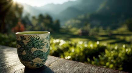 Teacup with dragon design, tranquil mountain vista