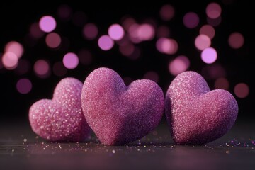 Obraz premium Three textured, pink hearts on a dark background with bokeh