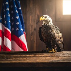 Bald eagle near American flag on rustic wood