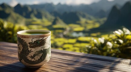 A ceramic teacup, filled with green tea, sits on a wooden table overlooking a tranquil Asian landscape