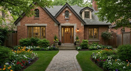 Obraz premium Iconic manor with stone façade, luxury living captured in soft natural light, refined and minimalist look captured in soft n