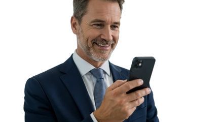 Happy mature business man investor using mobile phone standing in office. Smiling middle aged businessman executive looking at camera with cellphone working investing finances by smartphone. PNG cut