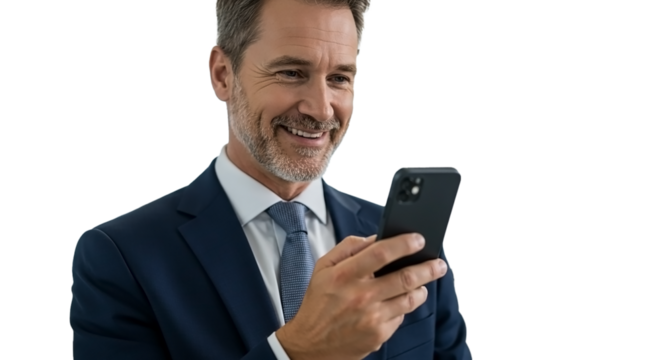Happy mature business man investor using mobile phone standing in office. Smiling middle aged businessman executive looking at camera with cellphone working investing finances by smartphone. PNG cut