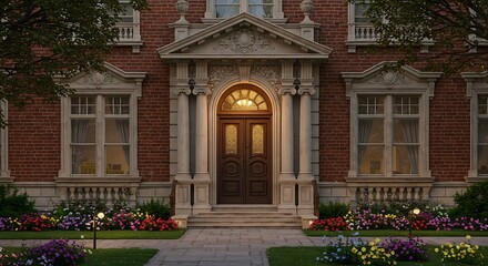 Refined brick terrace house surrounded by flower garden, design innovation captured in soft natural light, refined and minim
