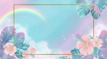 Pastel floral frame with tropical leaves and rainbow